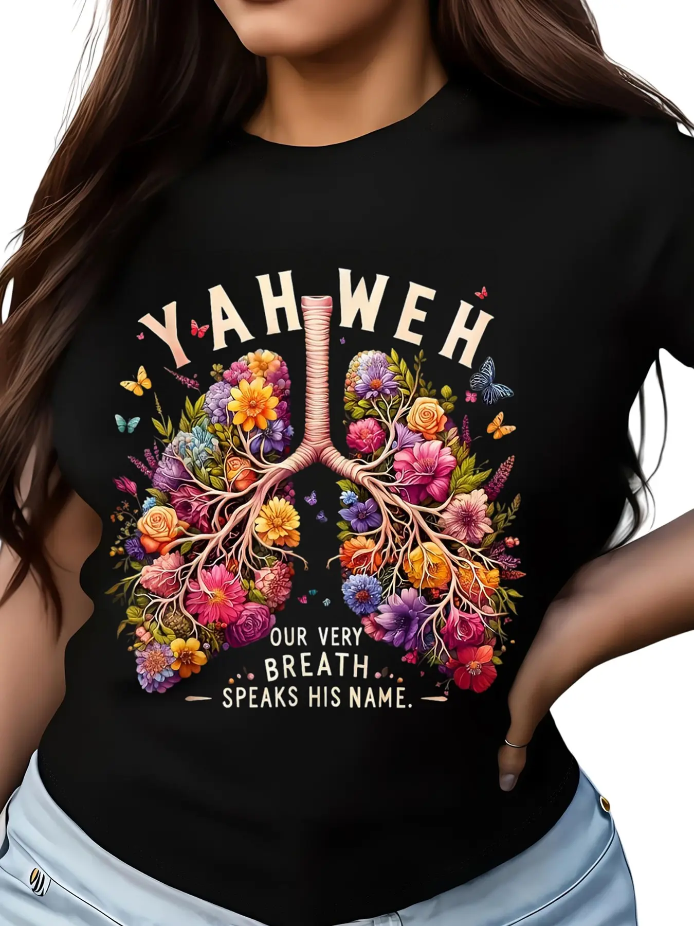 Yahweh Floral Lung Print Short Sleeve T-Shirt Women, Religious Natural Style Casual Top, Graphic Letter Pattern, Fitted Fit