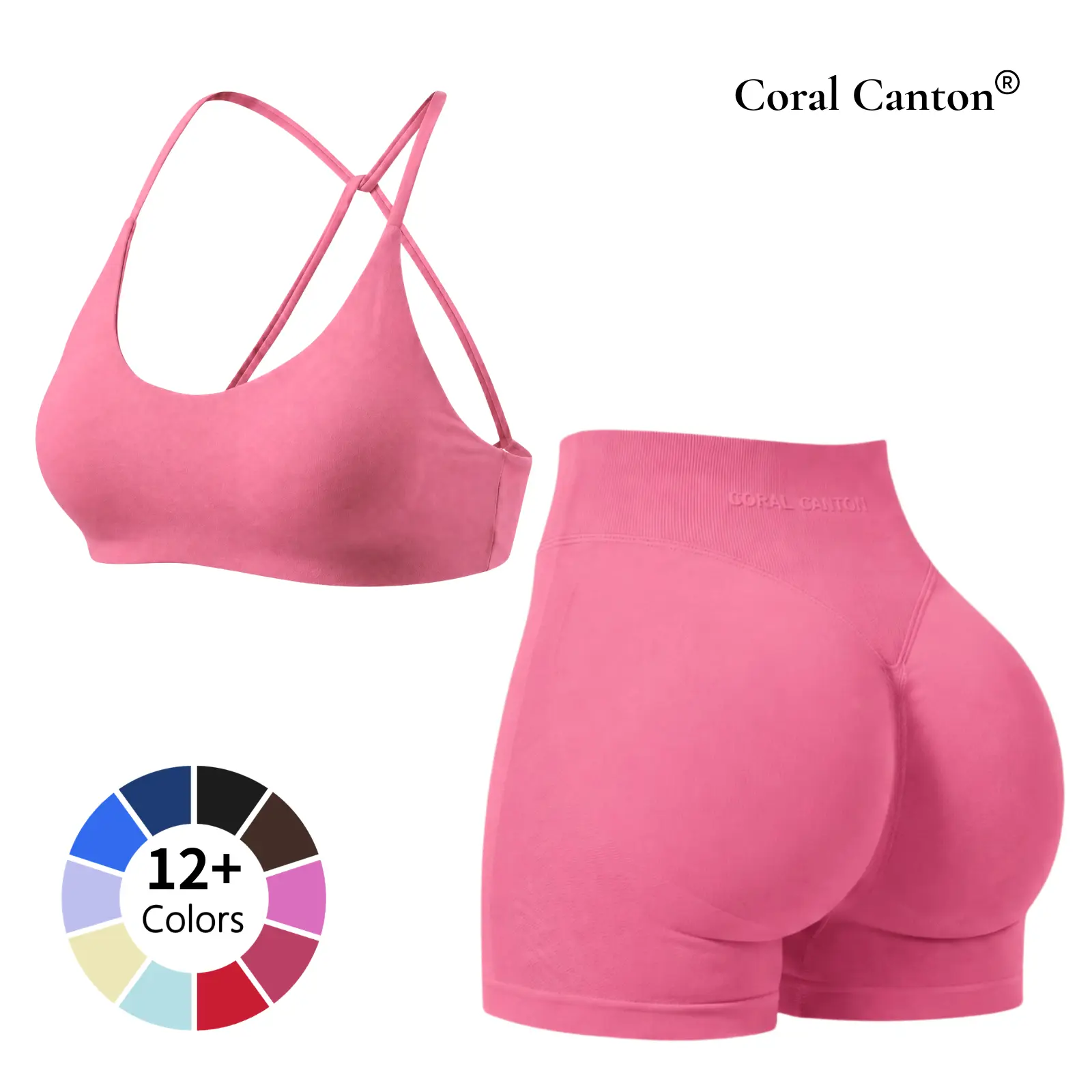Coral Canton Ribbed 2 Piece Set for Women, High Stretch Gym Workout Outfit with Sports Bra & High Waisted Athletic Shorts, Two Piece Sets,travel essentials,camping essentials BackToSchool