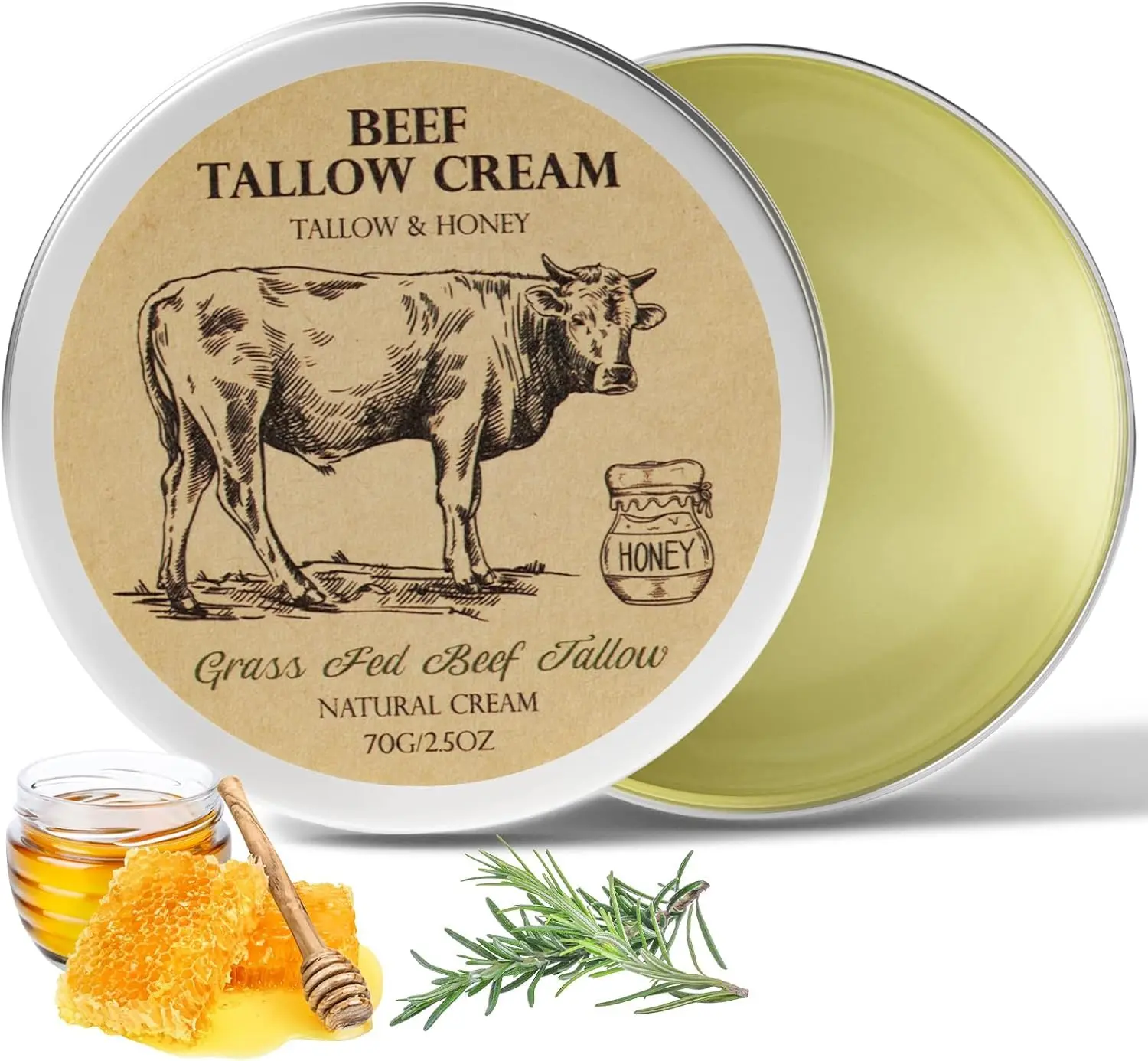 Beef Tallow Skin Balm, Beef Tallow Honey Cream, Natural Grass-Fed Beef Tallow Balm with Raw Honey, Tallow Moisturizing Cream for Face & Body, Daily Moisturizer for Dry Skin, Nourishing Skin Care for Face, Hands & Body, Smooth & Soft Feel, 2.5 oz
