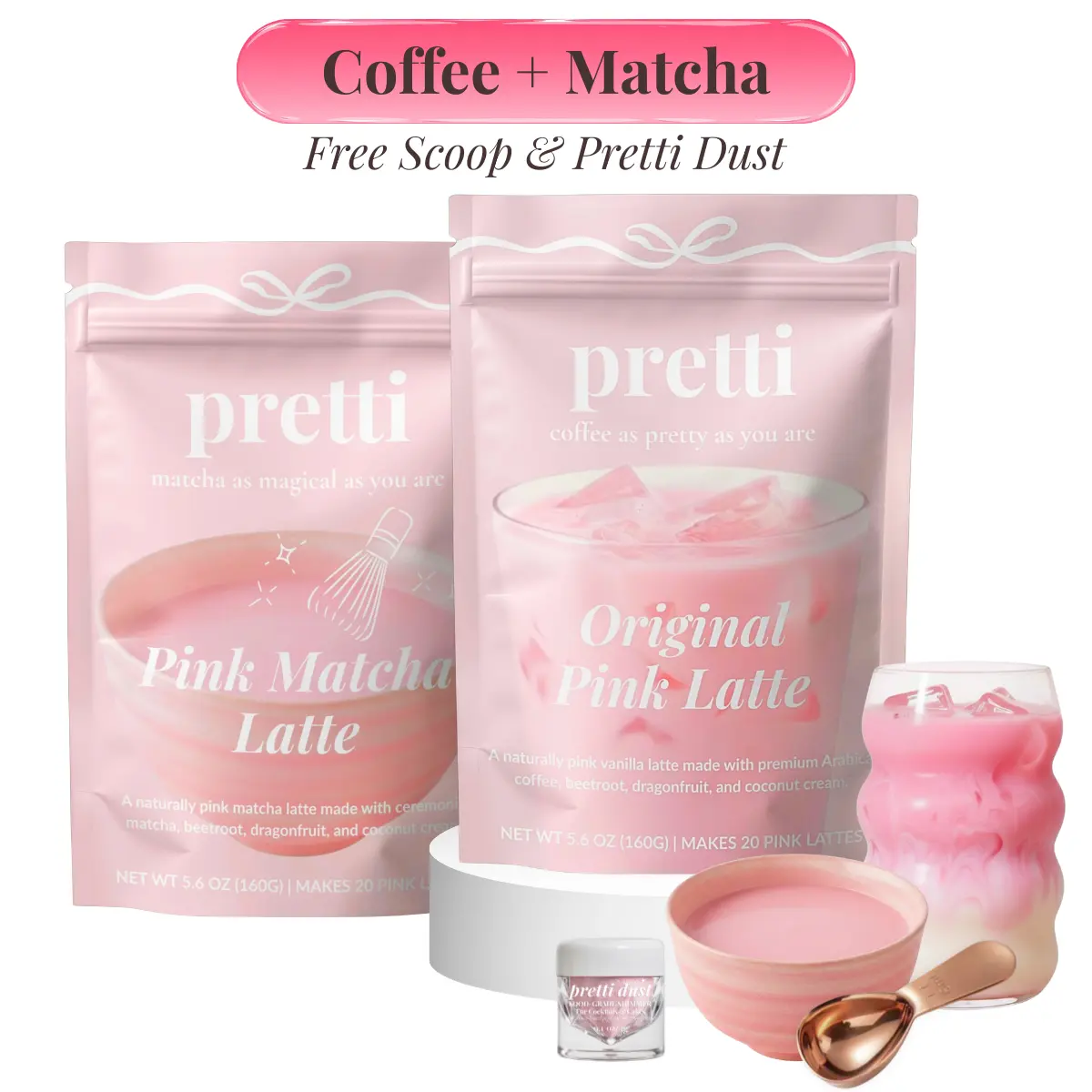 STARTER KIT - Pink Coffee & Matcha Latte Bundle with Rose Gold Scoop & Edible Glitter
