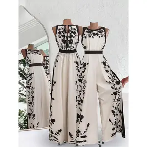 Women’s floral woven tie-front jumpsuit, casual fitted fabric design for summer, breathable jumpsuit suitable for ages 13 and up