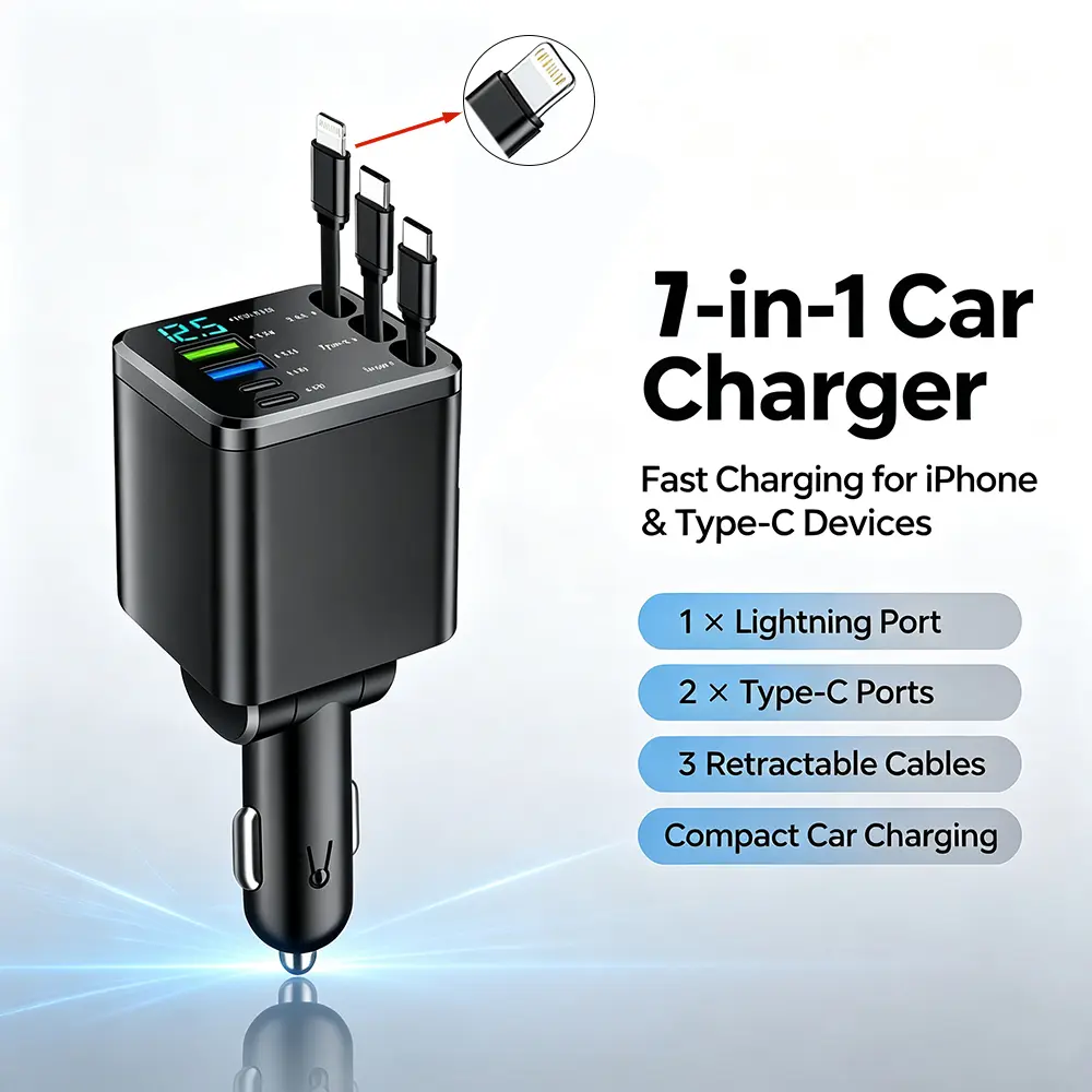 7-in-1 Universal Car Fast Charger with Retractable Cable, 180-Degree Adjustable Head, PD & QC 3.0, LED Voltage Display, Multi-Port USB-C Charging - Compatible with iPhone, Android Devices extension Signal Booster Charger dual mobile phone