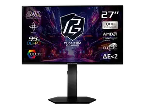 ASRock Phantom Gaming  27 inch QHD 2K 1440P 240Hz AMD FreeSync Premium 0.03ms HDR10 OLED Gaming Computer Monitor with Height Adjustable, Swivel, Pivot & Tilt Stand PGO27QSA