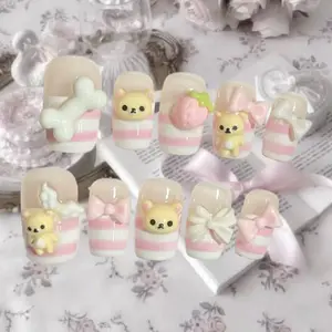 Kawaii Bear Press On Nails, Pink & White Stripe Nails with 3D Bears, Strawberry and Bow Charms, Cute Puffy Nails