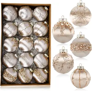 Christmas Ornaments Champagne Xmas Balls - Pack of 15 Luxury Christmas Tree Decorations Shatterproof - Satin Glitter Xmas Bulbs Set, 3.15 inch 80mm