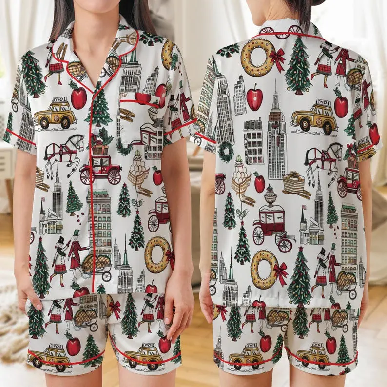 Christmas In New York Pajamas, Xmas PJs, Women’s Holiday PJs Set, Sleepwear Set for Her, Cute Holiday Sleepwear Family Matching Pjs