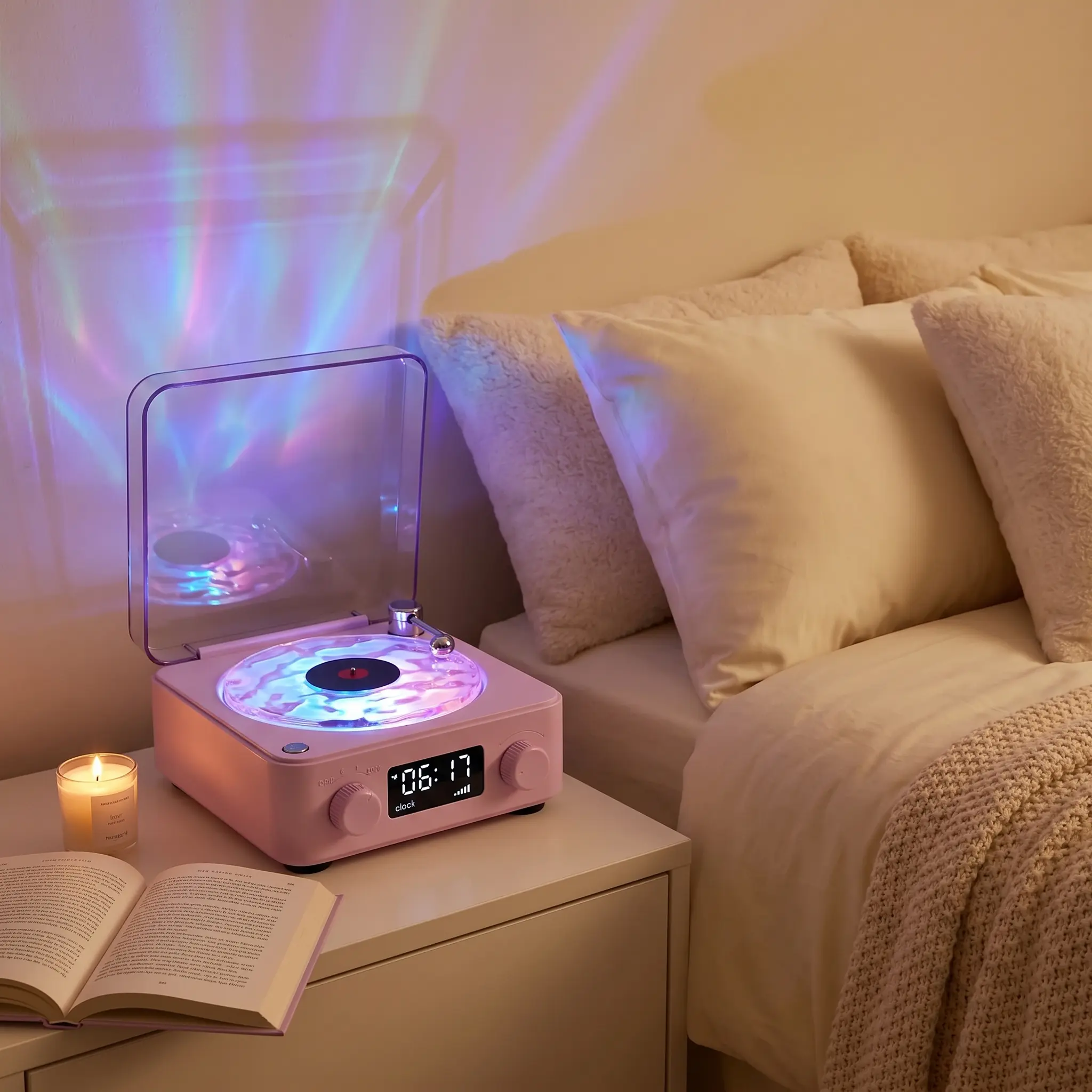 Cute Bluetooth Speaker with Soft Ambient Light, Vinyl-Style Nightstand Speaker with 4 Relaxing Sounds and Clock, Cozy Bedroom Decor Gift for Her