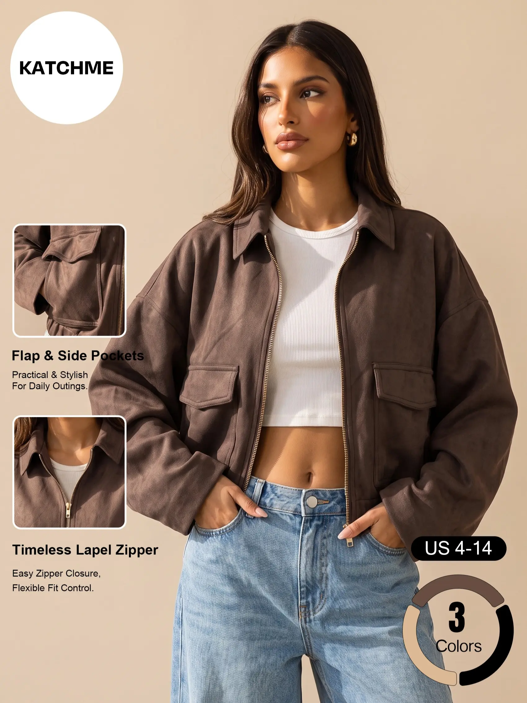 Katch Me Chic Women's Versatile Faux Suede Flap Pocket Zip-Up Bomber Jacket, Durable Skin-Friendly Loose Lapel Collar Batwing Sleeve Outerwear, Fall & Winter Pill-Resistant Going Out Outfit #TikTokMadeMeBuyIt #SohoChic #VintageStreetwear