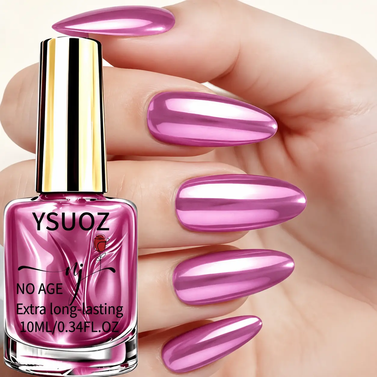 Liquid High-Gloss Metallic Mirror Rose Pink Chrome Nail Polish - 10ml, Quick-Drying, No Lamp Needed, No Waiting, Creates a Mirror Effect with One Stroke, Natural Reflective Mirror Shine, High-Gloss Formula, Durable Formula, Smooth and Seamless nails