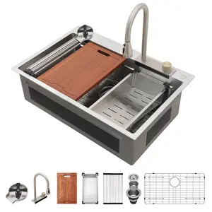 Sarlai 33x22 Waterfall Kitchen Sink Single Bowl Drop In Kithcen Sink 16 Gauge Stainless Steel Workstation Sink With Facuet, Glass Rinser Faucet