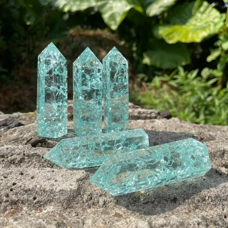 Blue Crackle Crystal Quartz Tower Point Obelisk, Natural Crystal Decorations for Healing Meditation, Home Decor Gift Item
