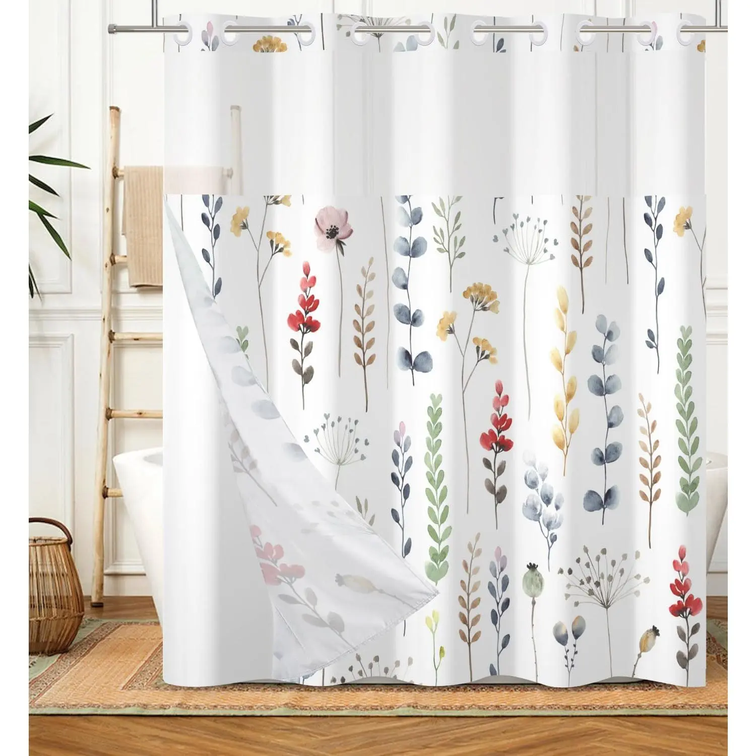 No-Hook Light Decorative Fabric Shower Curtain with Snap-In Liner, Botanical Wildflower Design, Hotel-Family Bathroom Supplies, 71"x74" Bathroom Door Curtain