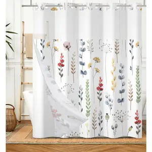 No Hook Shower Curtain with Snap in Liner, Floral Shower Curtains for Bathroom, Botanical  Bathroom Curtain Wildflowers Hotel Fabric Bath Curtains 71"x74"