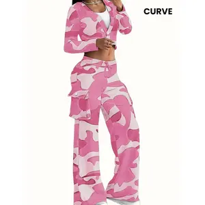 Casual Camouflage Print Two-piece Set, Long Sleeve Single Button T-shirt & Drawstring Flap Pockets Pants Outfits, Women's Clothing