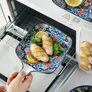 Bohemian Style Ceramic Dessert Plate Set with Handles, Home Dining Decorative Plates, Nordic Baking Tray, Microwave and Oven Safe