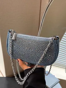 Niche underarm shoulder bag, Denim chain purse, Denim shoulder satchel, chain handbag, sequin textured shoulder crossbody bag, casual versatile saddle bag, underarm commuting bag, suitable for daily commuting