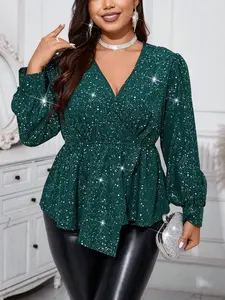 Sparkly Green Wrap Peplum Blouse | TikTok Trendy Party Top