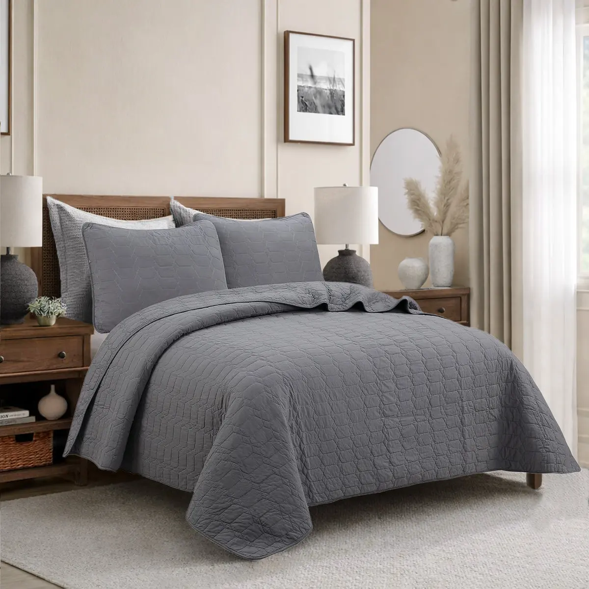 Chic Gray Cotton Reversible Quilt Bedding Set - Honeycomb Design, Diamond Pattern, Machine Washable, Available in 3-Piece King and Queen Sizes, All Seasons