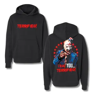 Terrifier "I Want You Terrified" Hoodie – Pullover Featuring Creepy Clown Graphic with Uncle Sam Parody and Dripping Red Horror Logo for Halloween, 2 Sides.