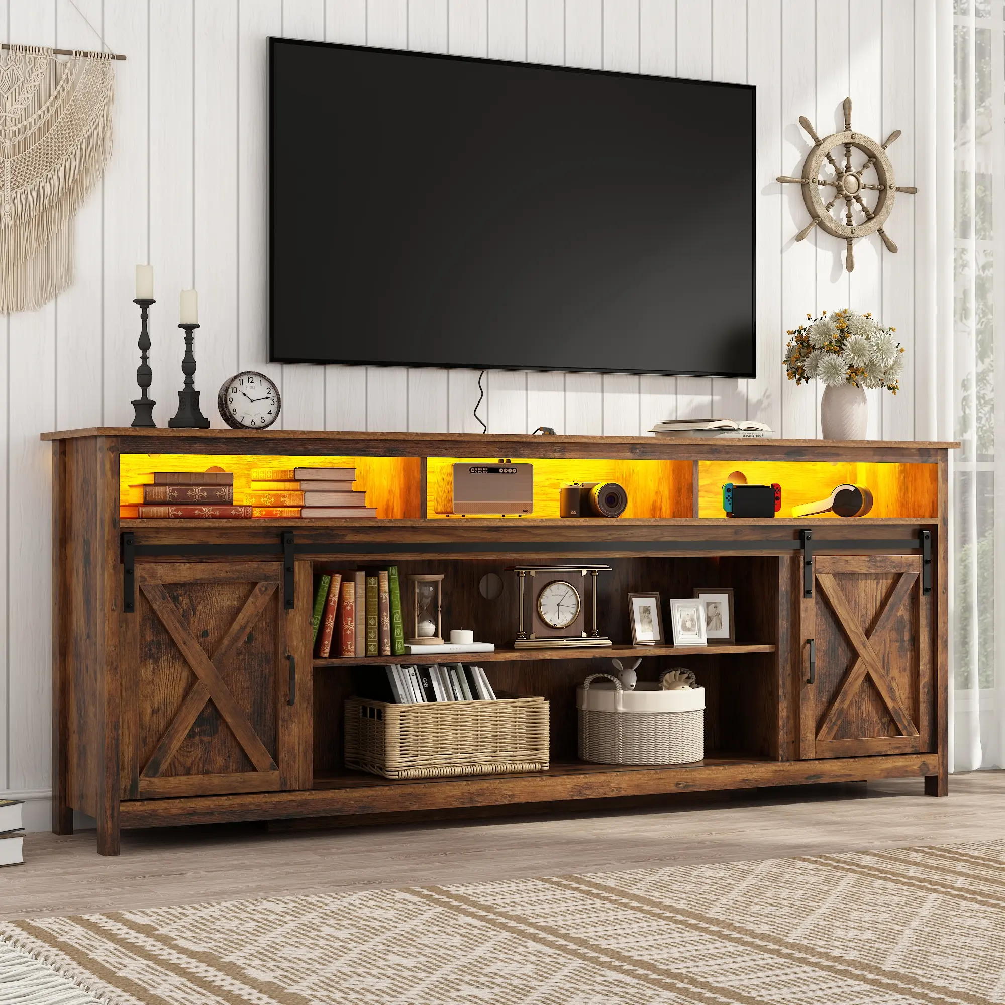 57/70/80.7in Wooden Farmhouse Entertainment Center for 90/85/80/75 inch TV,Double Layer Storage Farmhouse TV Stand,Double-Row Sockets with Wood Sliding Barn Door TV Stand (Brown/grey/Rustic Brown)