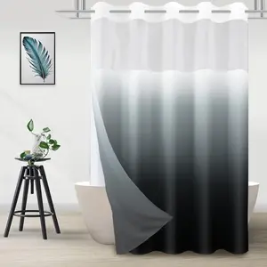No Hook Shower Curtain with Snap in Liner, Black and White Shower Curtains and Liner Set, Ombre Black Hotel Fabric Bath Curtain for Bathroom, Mesh Top Window Waterproof Washable, 71" x 74"
