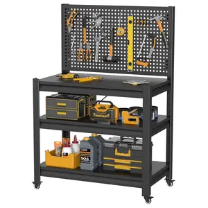 Work Bench with Pegboard,Heavy Duty 3000lbs Capacity Workbench with Wheels Adjustable Shelves,Tool Cart,Work Table for Garage Warehouse