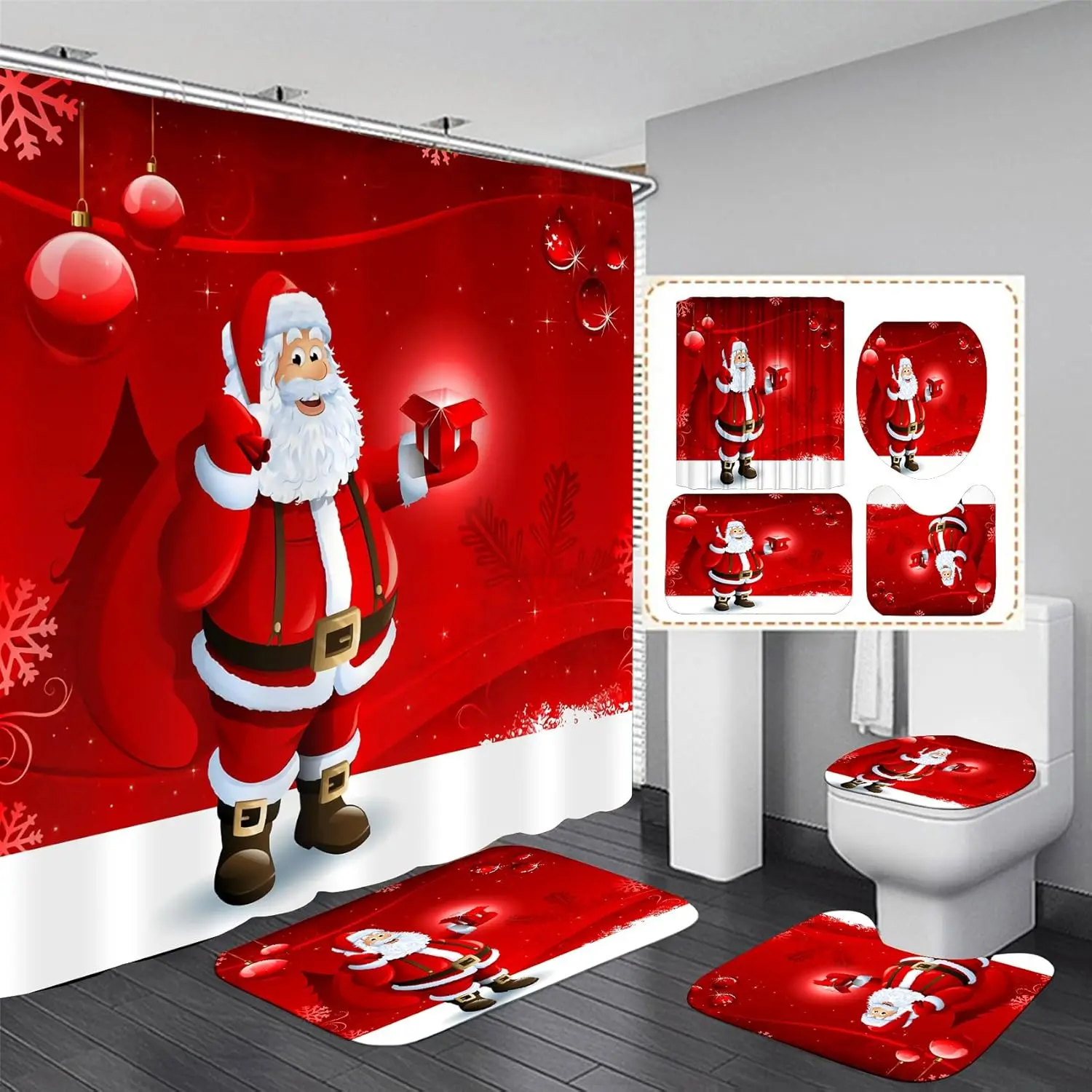 Merry Christmas Shower Curtain Sets for Bathroom,Red Santa Claus with Non-Slip Rugs Toilet Lid Cover and Bath Mat 12 Hooks  4 count Bathroom Decor Set for Christmas Decor