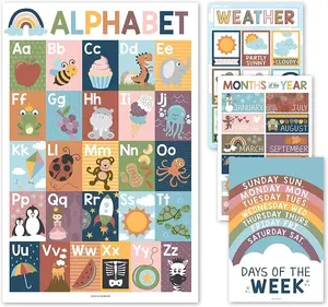 ABC, Days, Months, & Weather Prek Posters | Set of 4 | Educational Posters Learning Charts Teaching Aids Home Classroom Decorations Elementary School