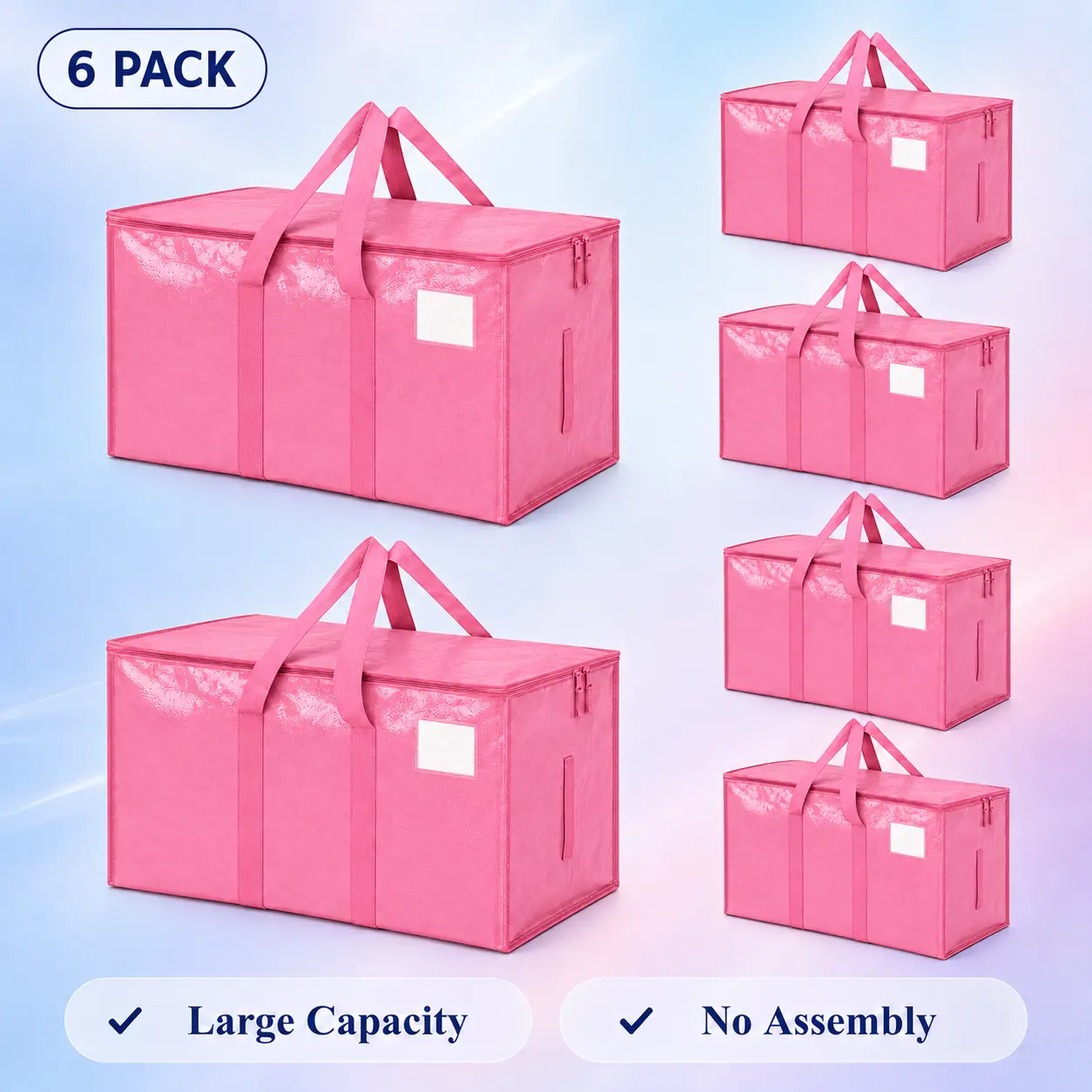6-Pack Extra Heavy-Duty Large Moving & Clothes Storage Bags with Dual Strong Zippers, Comfortable Handles, Tag Pocket, Pink Organizer Totes for College Supplies