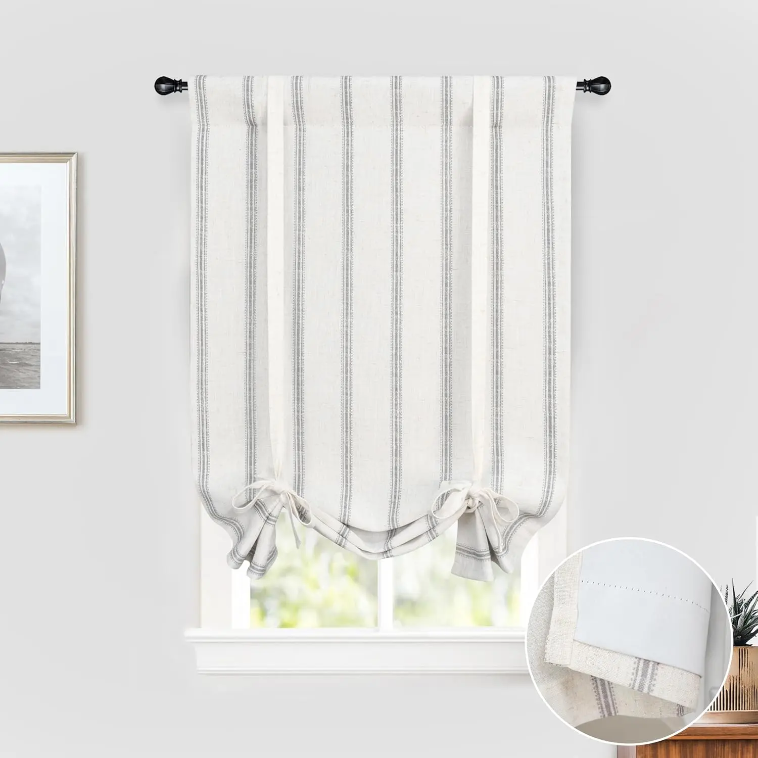 Gray Farmhouse Double-Layer Linen Blackout Tie-Up Curtains, Thermal Insulated Vertical Striped Fully Lined Balloon Roman Shade, Durable Energy-Saving Rod Pocket for Bathroom, Bedroom, 24.5in x 46.5in, Machine Wash, Iron on Cool Setting