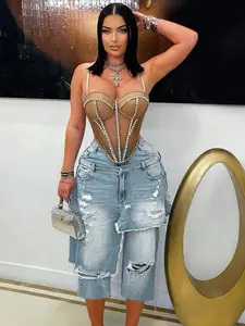 American Vintage Fake Two-Piece Ripped High-Waisted Double-Layer Waist Irregular Fringe Wide Leg Women Pants, Slimming and Stylish