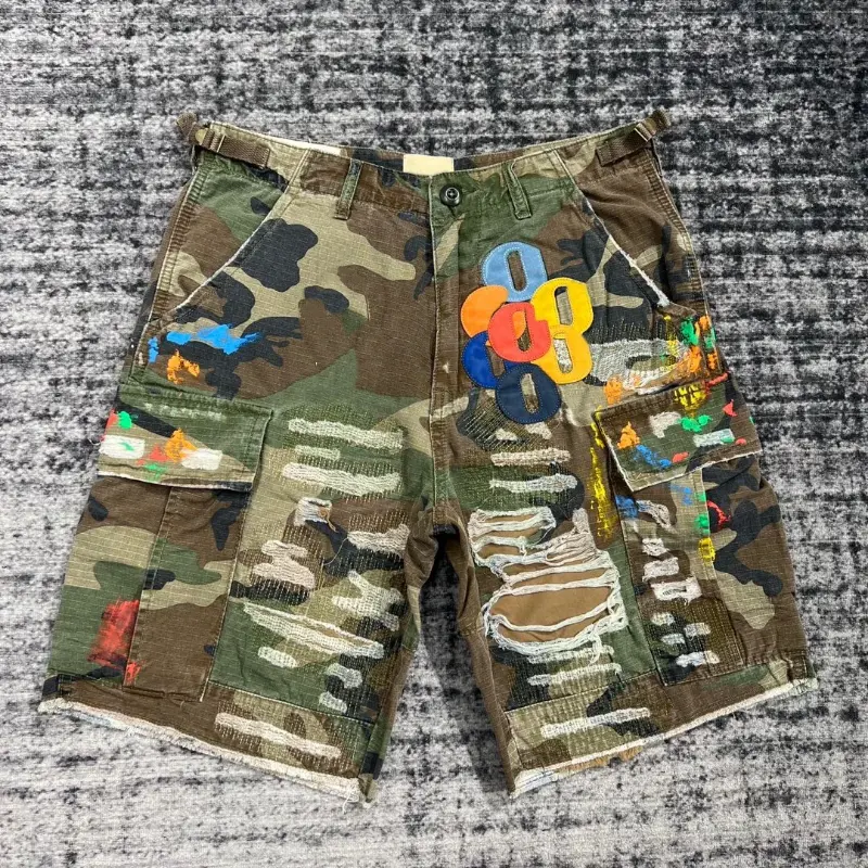 shorts for summer  jean shorts men  fashion Summer Fashion Camouflage Splicing Leather Letter Washed Retro Knee Jeans Men Women Shorts