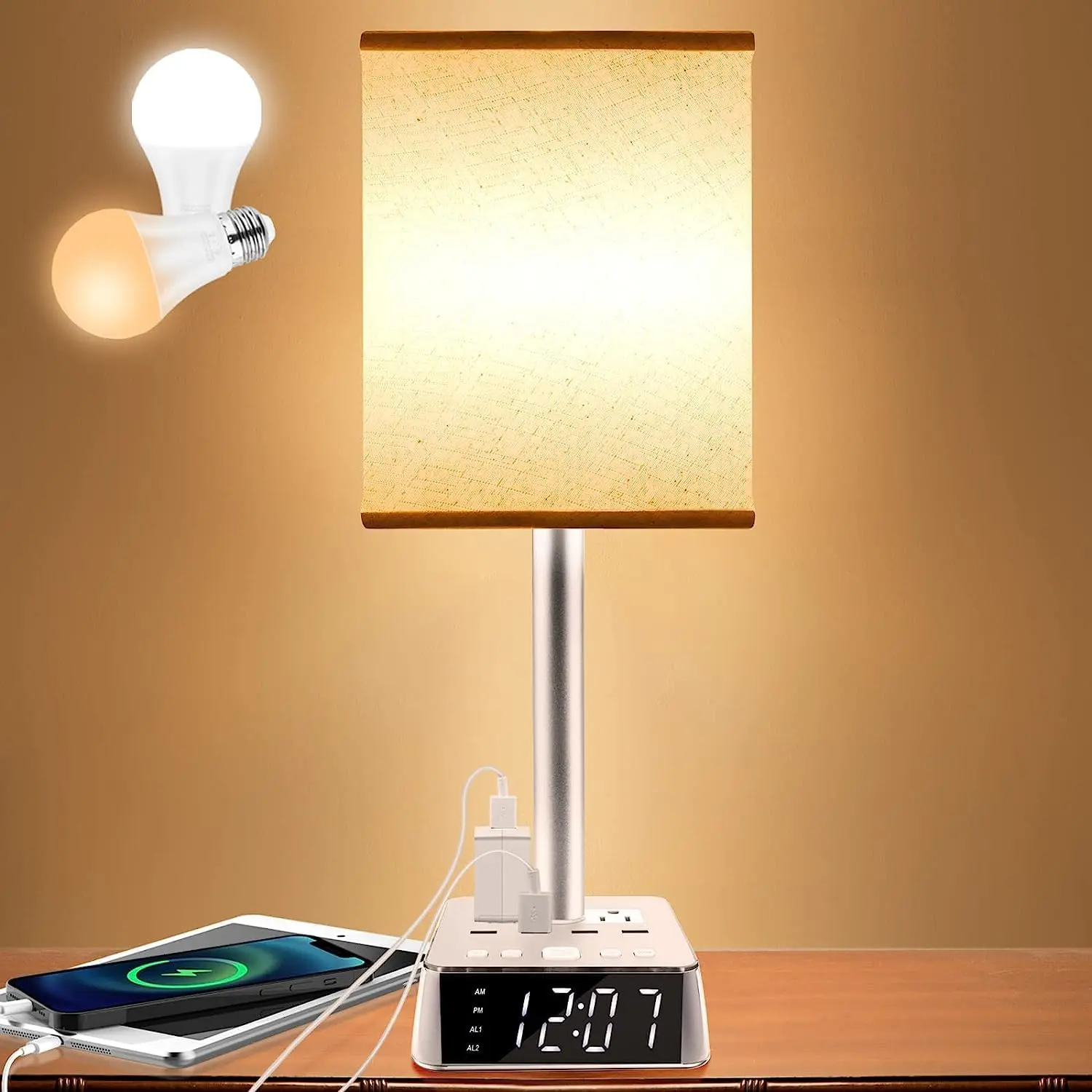 Table Lamp Bedside Lamp with 4 USB Ports and AC Power Outlets, Alarm Clock Base w/ 5Ft Extension Cord, Square Oatmeal Fabric Lampshade Modern Accent Nightstand Lamps for Bedrooms Living Room