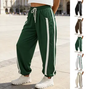 WoodBerry Women's Casual Wide Leg Pants Elastic Waisted Waist Drawstring Spring Sweatpants Contrast Color Y2K Baggy Athletic Trousers with Pockets