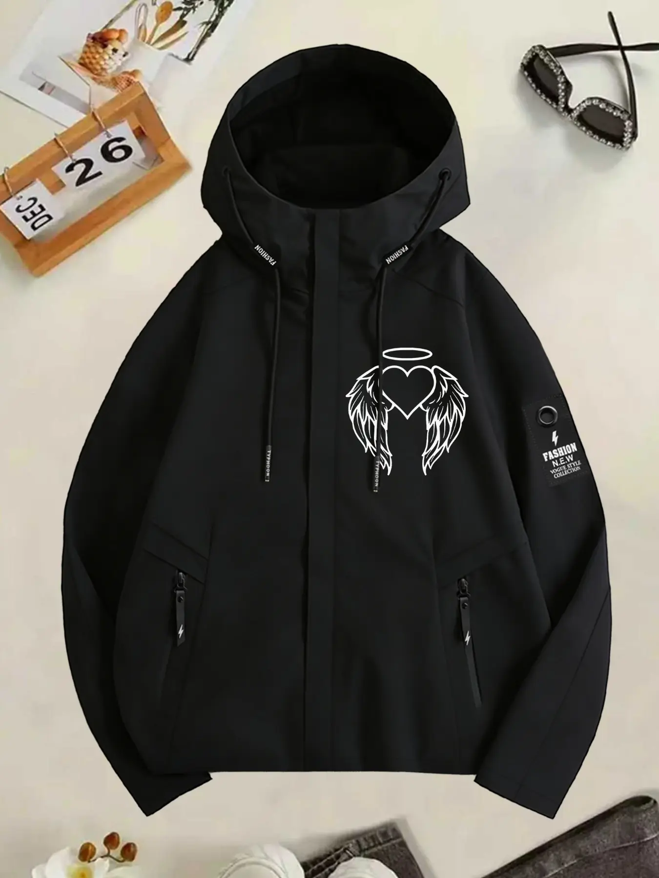 Women's Hooded Windbreaker Jacket Top Two Colors Available Angel Wings Heart & Halo Print Textured Eye-Catching Loose Fit Slim Age-Reducing Lazy Street Style Comfortable Breathable Machine Washable Cool & Stylish Jacket