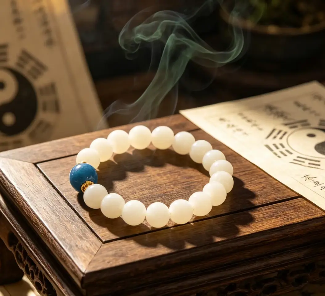 Exquisite High Quality Real Jade Bracelet - Natural White Jade Beads, Smooth Polish Blue Chalcedony Bead Chain, Taoist Feng Shui Costume Jewelry for Meditation, Balance