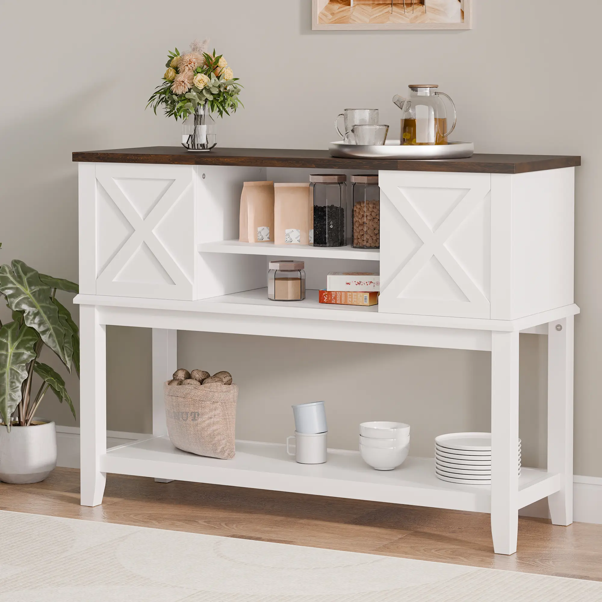 Topwin Space-Saving Rolling Sideboard for Small Spaces-X-Door Design with Wheels,Easy Assembly Freestanding Cabinet Freestanding Cupboard Pantry