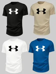 Andorra Style Breathable Print T-Shirt, Men's Multi-Color Sports Clothing, Classic Logo Lightweight Training Top, Running Workout Tee