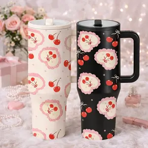 AuraCup 1pc 40oz Insulated Tumbler with Handle and Lid, Cherry Heart Pattern Stainless Steel Travel Cup, Double Wall Vacuum Tumbler with Straw, Large Capacity Coffee Water Mug, Coffee Thermos, Office Home Car, Gift for Birthday Valentine Holiday