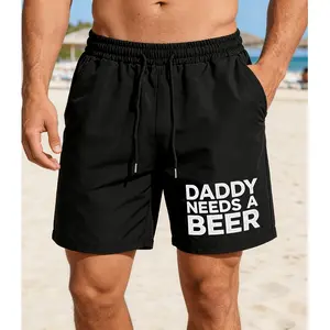 Men's Fun Retro "Dad Needs a Beer" Quick-Dry Breathable Distressed Print Swim Shorts - Machine Washable Casual Shorts, Suitable for Vacation, Poolside and Everyday Wear Slim Fit Compression Training