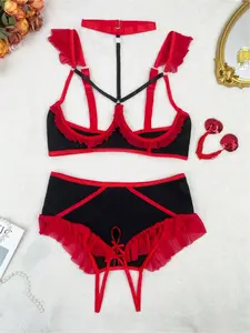 Plus Size Women's Sexy Lingerie Set, Open Crotch Briefs, Heart Tassel Pasties, Hollow Out Underwire Outfit, 3-Piece Set Including Bra, Underwear & 2 Chest Pasties, Ideal for Private Parties