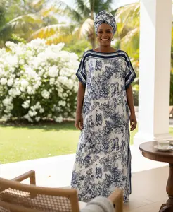 Effortlessly Chic Blue Scenery Print Bubu Dress & Headwrap Vintage French Toile Print Timeless Blue & White Modest Maxi Dress