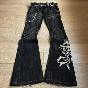 European and American new heavy industry embroidered men’s and women’s punk flared pants, Y2K washed dark jeans (Men’s Clothing)