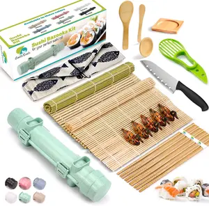 Sushi Making Kit, 22 in 1 Sushi Roller Maker Bazooka Kit with Bamboo Mats, Chef's Knife, Chopsticks, Family, Friends, Home Kitchen Utensils.