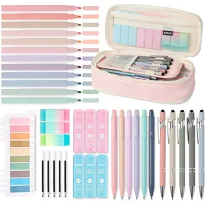 39 count Aesthetic School Supplies with Cute Pencil Case, 5X Ballpoint Pens with Stylus Tip, 12X Pastel Highlighters, 6X Mechanical Pencil Set 0.5 & 0.7mm, Suit for Preppy School College Essentials()