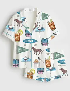 Lake House Pajama Set Women Cute Dog Kayak Fishing Print Loose Lounge Shorts Set Summer Sleepwear Casual Comfy PJ Set Lake Trip Gift