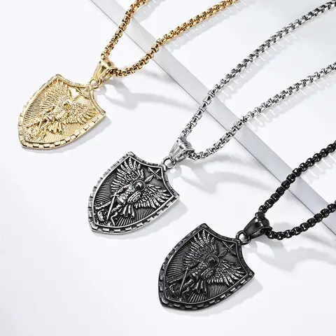 Men’s Faith Pendant Necklace - Michael the Archangel Psalm 27:1 Engraved Angel Shield Alloy Piece, 19.5 Inches Long Stainless Steel Chain with Custom Engraving, Waterproof Coating Casual Style Necklaces for Daily Wear
