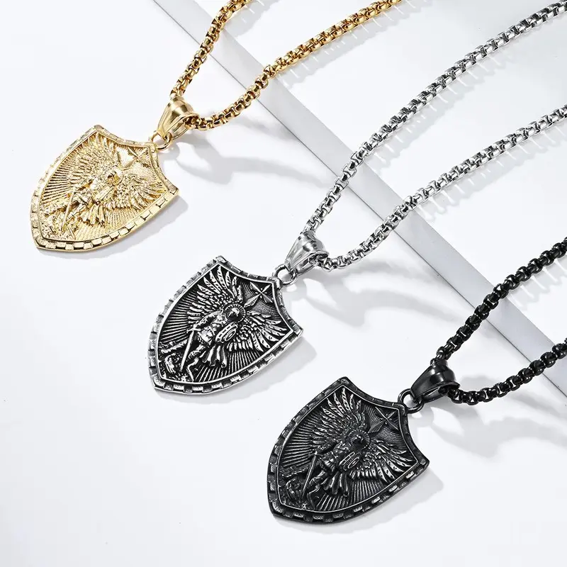 Men’s Faith Pendant Necklace - Michael the Archangel Psalm 27:1 Engraved Angel Shield Alloy Piece, 19.5 Inches Long Stainless Steel Chain with Custom Engraving, Waterproof Coating Casual Style Necklaces for Daily Wear
