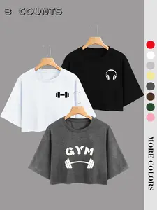 Seasonal New Round Neck Short T-Shirt, Fashion Gym Athletic Letter Print, Earphone Dumbbell Pattern, Casual Loose Fit, Unisex Workout Top