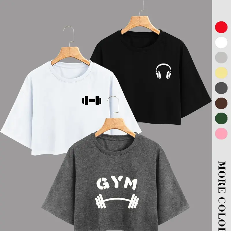 Seasonal New Round Neck Short Sleeve T-Shirt, Fashion Gym Letter Print, Earphone Dumbbell Pattern, Casual Loose Fit, Unisex Workout Top